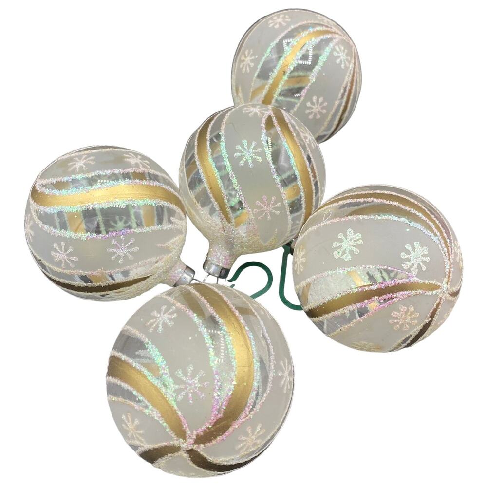 Frosted White Glass Ornaments Christmas Embellished Gold Glitter Snowflakes